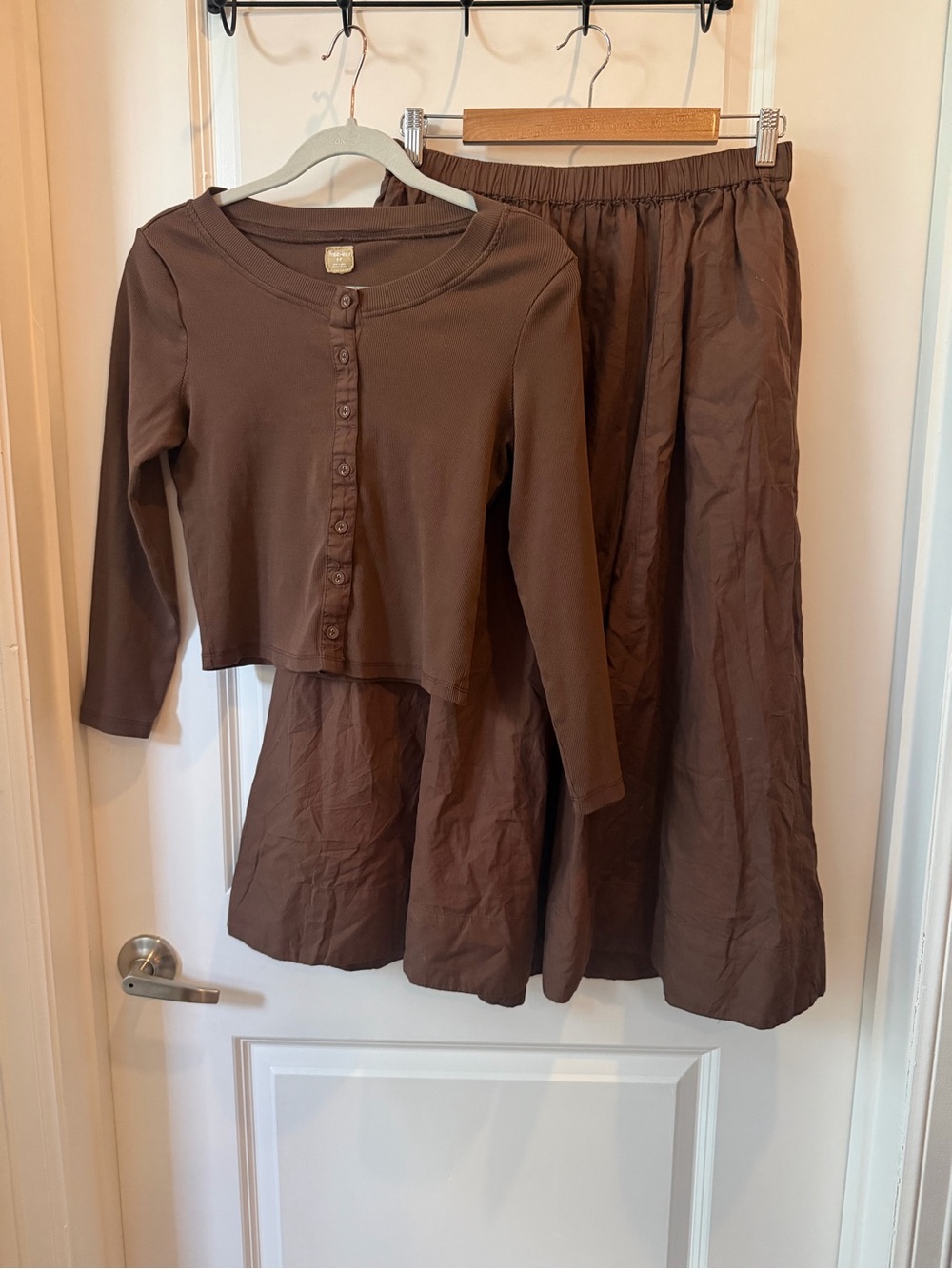 Free People Brown Two-Piece Skirt Set with Button-Front Top